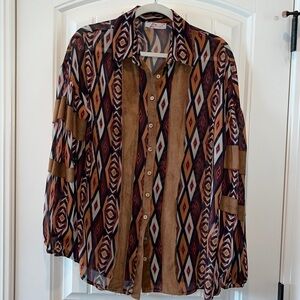 Western cowgirl button down blouse faux leather details SO Cute and unique L/ XL